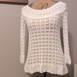Vintage America white crochet cotton loose knit wide scoop neck Spring sweater S